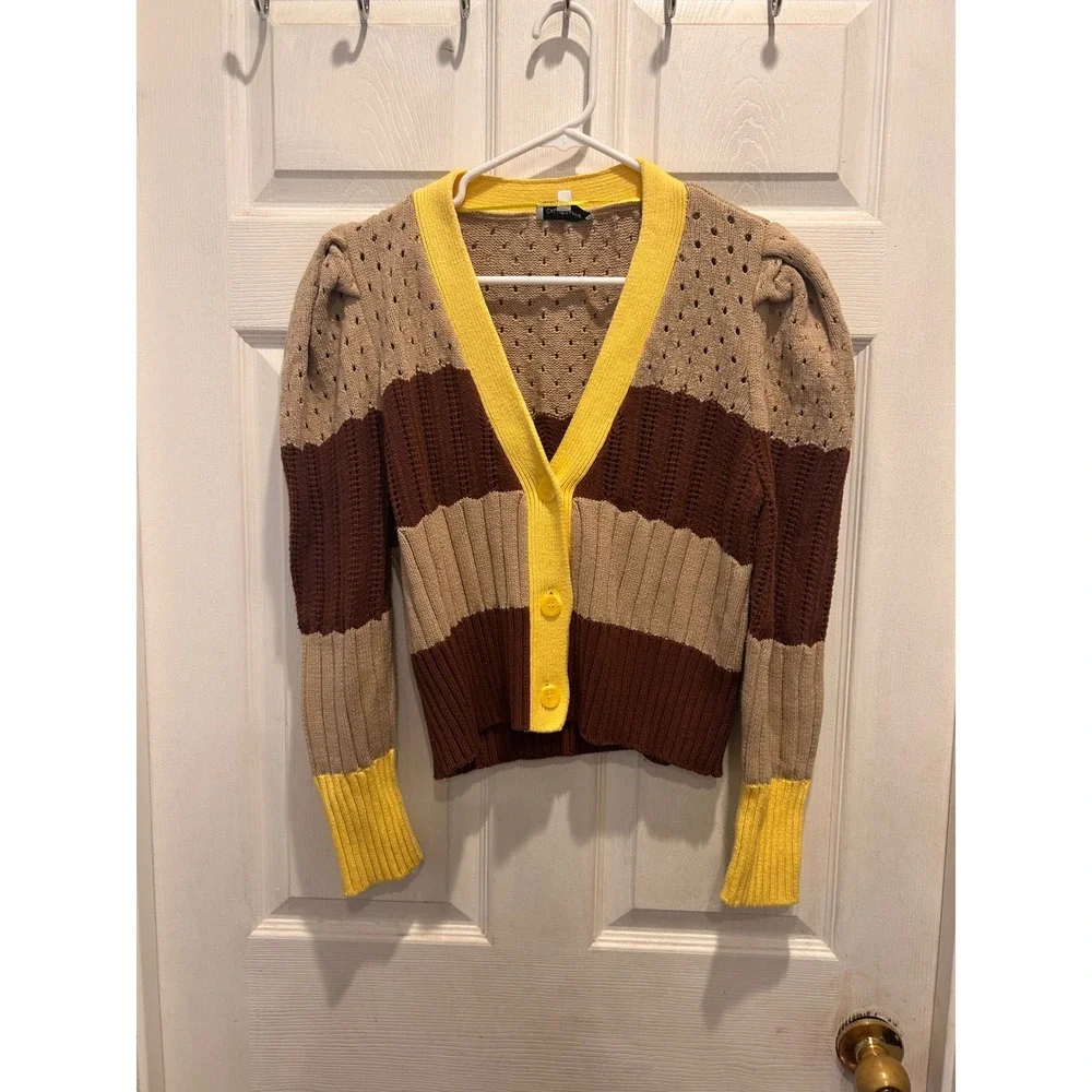 Anthro Calligraphie Womens Striped Puff Sleeve Cardigan Brown Yellow Pointelle L